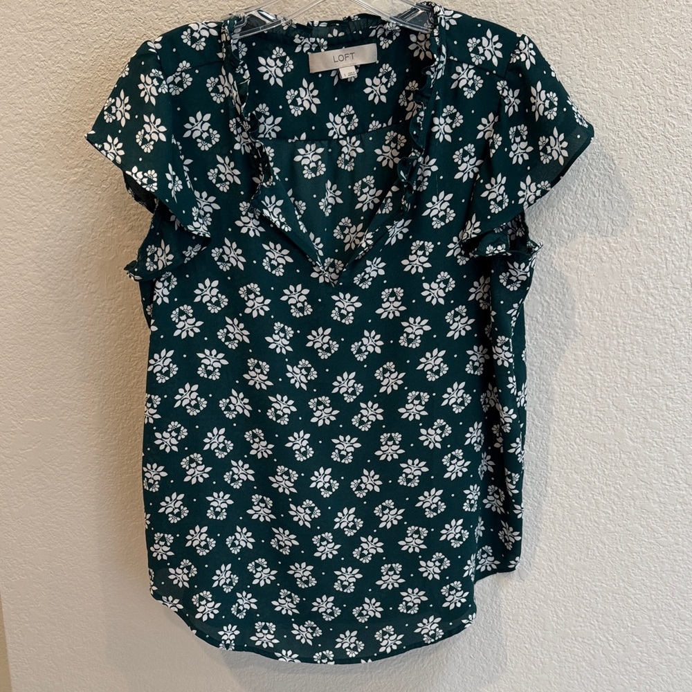 LOFT Dark Green Floral Blouse